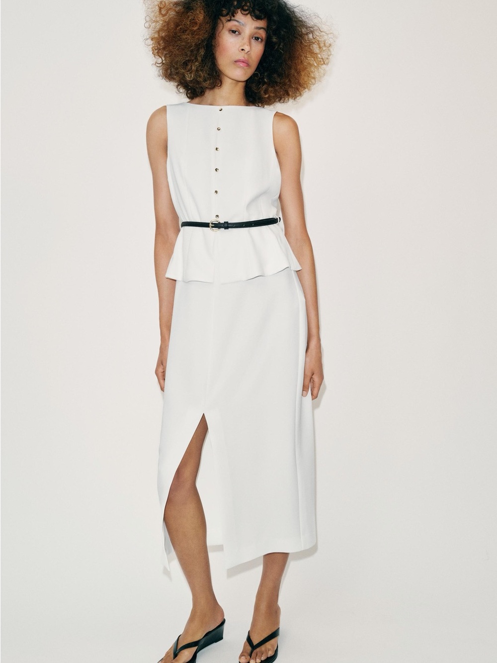 Zara White Sleeveless Peplum Midi Dress with Front Buttons